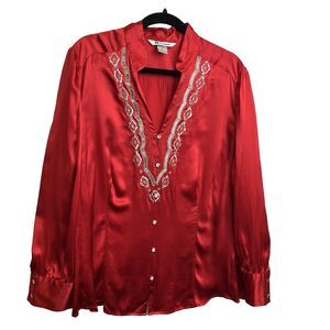 Nygard Collection 100% Silk Blouse Womens 18 Red Crystal Buttons Sequin Beaded